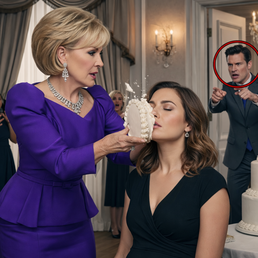 The Room Went Silent When the Cake Hit Her Face. Laughter Followed — Brief, Cruel, and Certain. In Front of Guests, Cameras, and Family, the Mother-in-Law Smiled as If She’d Delivered the Final Humiliation. What No One Expected Was the Man Standing Quietly Near the Door. He Didn’t Shout. He Didn’t Rush the Stage. He Simply Watched — Then Acted. Within Minutes, Smiles Faded, Power Reversed, and the Truth About Who Really Controlled Everything Came Out. This Wasn’t a Scene. It Was a Reckoning. And the Billionaire Husband’s Reaction Left Everyone Stunned.
