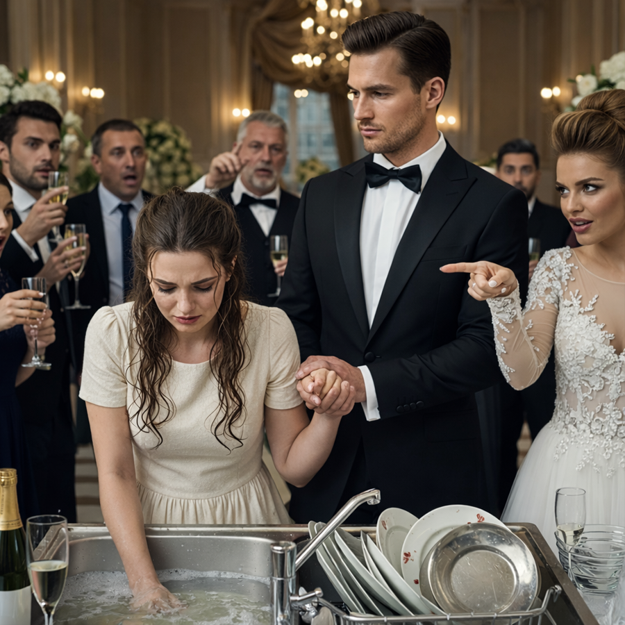 They Laughed, Whispered, and Called Her a Servant at the Wedding, Then Quietly Forced Her to Stand Alone at the Sink and Wash Dishes as Music Played Behind Her — No One Questioned It, No One Defended Her, Because No One Knew the Truth, Until a Black Luxury Car Stopped Outside, a Billionaire Walked In Without an Announcement, Looked at the Scene in Silence, and Delivered a Calm Response So Unbelievable That the Entire Wedding Froze, Smiles Faded, Power Shifted, and Everything About That Night Was Changed Forever