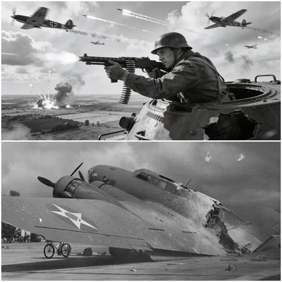 When Flak Tore His Turret Away in Mid-Air, Everyone Thought the Fight Was Over — Until One Gunner Did the Unthinkable. Exposed to the Open Sky, No Armor, No Mount, No Second Chances, He Lifted a Heavy Weapon With His Bare Hands and Turned Chaos Into Control. What Followed Was So Unreal That Even His Crew Thought It Was Impossible: Five Enemy Fighters Gone, a Mission Saved, and a Moment That Would Be Quietly Questioned for Decades. This Isn’t a Story About Firepower — It’s About Nerve, Instinct, and What Happens When Survival Leaves No Time to Be Afraid.