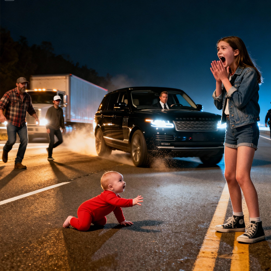 “A Girl Screams ‘Stop the Car’ as a Baby Is Left Behind on a Silent Highway, Crawling Toward Oncoming Traffic, Until a Wealthy Stranger Swerves Suddenly—Uncovering a Chain of Decisions, Secrets, and a Night No One Can Forget”
