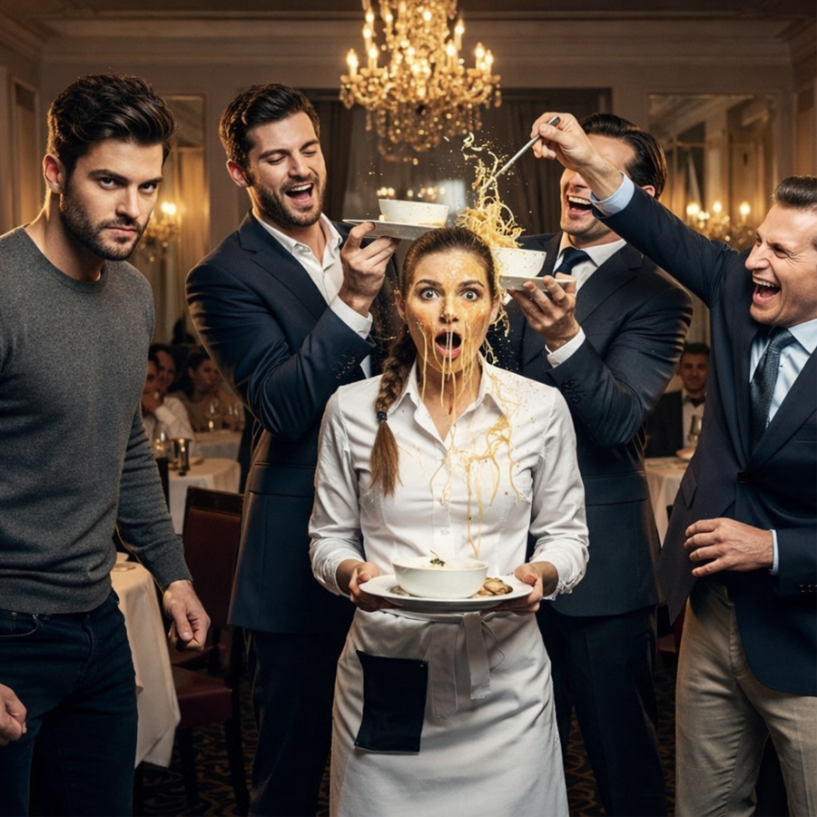 Three Wealthy Men Laughed as Food Fell From the Sky and a Quiet Waitress Stood Frozen in Shame—But When an Unannounced Billionaire Stepped Through the Golden Doors, Time Slowed, Smiles Vanished, and a Single Calm Sentence Turned a Night of Arrogance Into a Reckoning No One in That Room Would Ever Forget