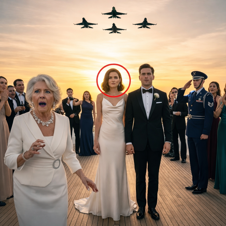 They Thought the Sea Would Swallow Her Shame, Whispering Behind Crystal Glasses as She Stood Alone on a Luxury Yacht, Her Smile Tight and Her Heart Racing — But When the Sky Suddenly Roared and Fighter Jets Cut Across the Sunset in Perfect Formation, the Laughter Died, the Music Stopped, and Everyone Realized the Bride They Tried to Undermine Was About to Be Honored in a Way No One Could Ignore