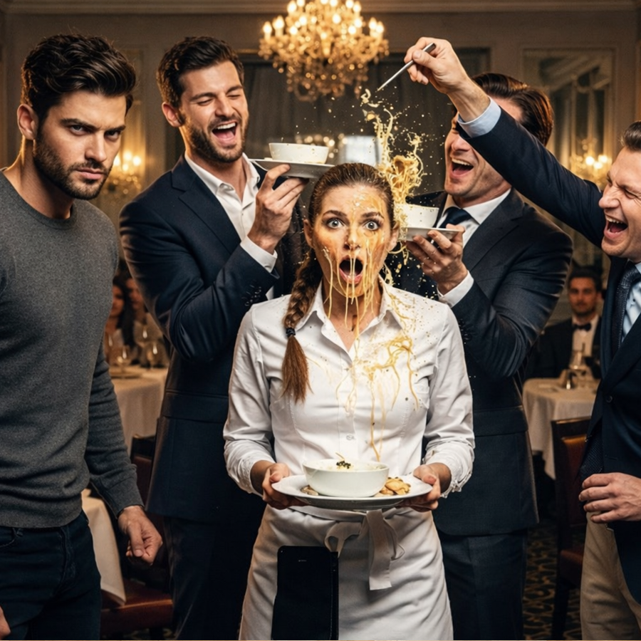 “They Thought Humiliation Was Entertainment and Power Came With No Consequences—Until the Room Went Silent: What Began as a Cruel Joke by Three Wealthy Men Who Treated a Simple Waitress Like an Object Turned Into a Stunning Reckoning When a Billionaire Unexpectedly Walked In, Took In the Scene With Cold Precision, and Delivered a Response So Calculated and Unforgiving That It Reversed Every Power Dynamic, Exposed Hidden Arrogance, and Left an Entire Luxury Restaurant Witnessing a Moment They Would Never Forget.”