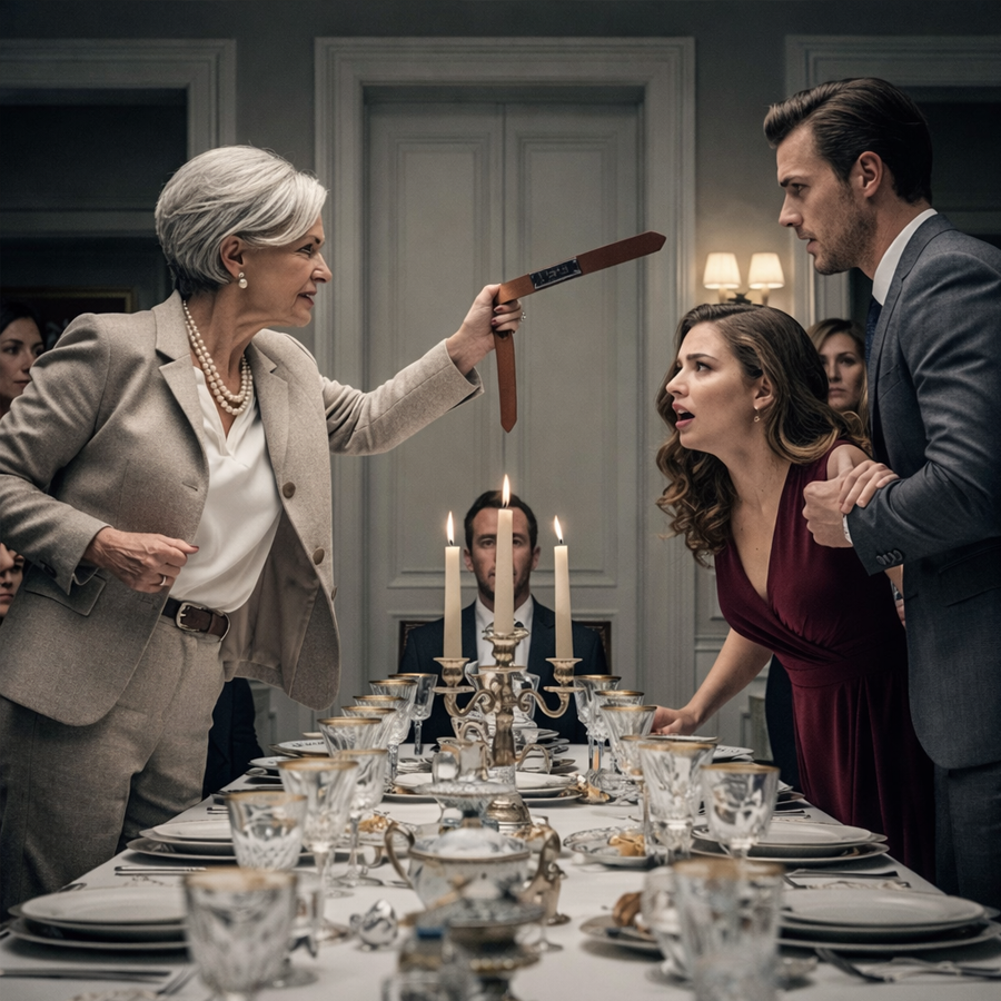 She Thought Public Shame Would Break Her at a Family Dinner—Raising a Belt, Freezing the Room, and Betting on Silence—But the Billionaire Husband’s Calm, Unforgiving Response Reversed Every Power Line, Exposed Long-Hidden Control Games, and Turned a Moment of Cruel Theater Into a Shockwave That Rewrote Family Rules Forever