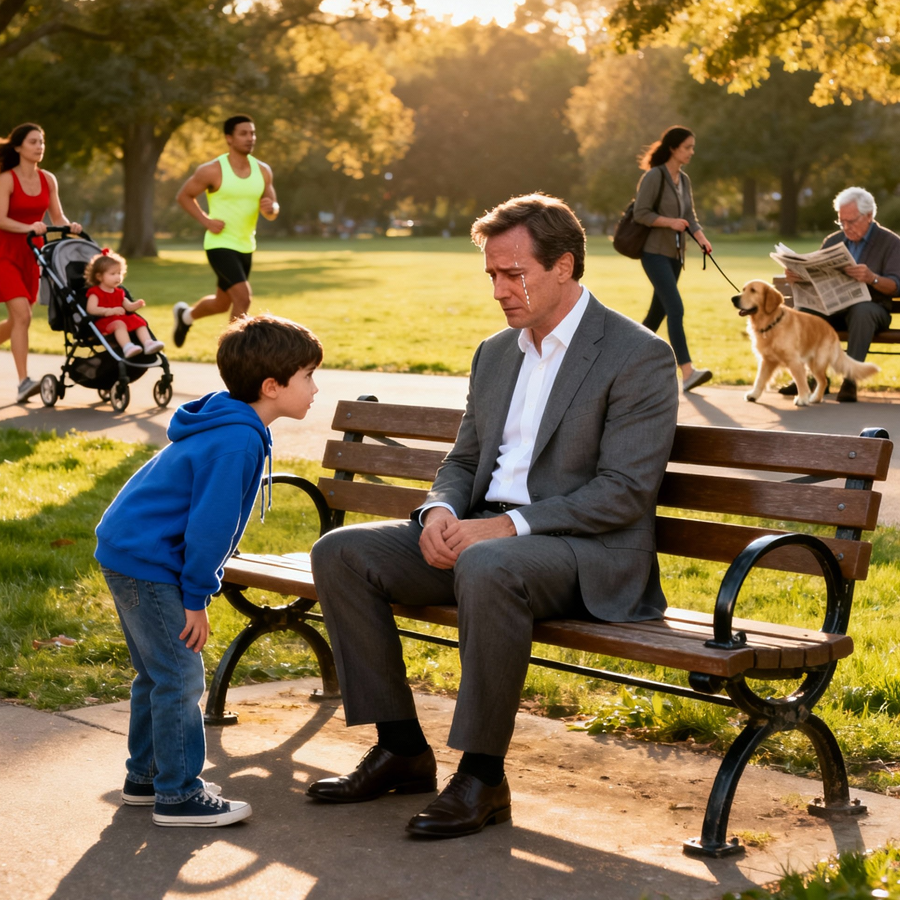“Don’t Cry, Mister. You Can Borrow My Mom,” Said a Small Boy to a Powerful CEO Sitting Alone in a City Park, But What Began as a Child’s Innocent Words Uncovered a Hidden Past and Changed Three Lives Forever