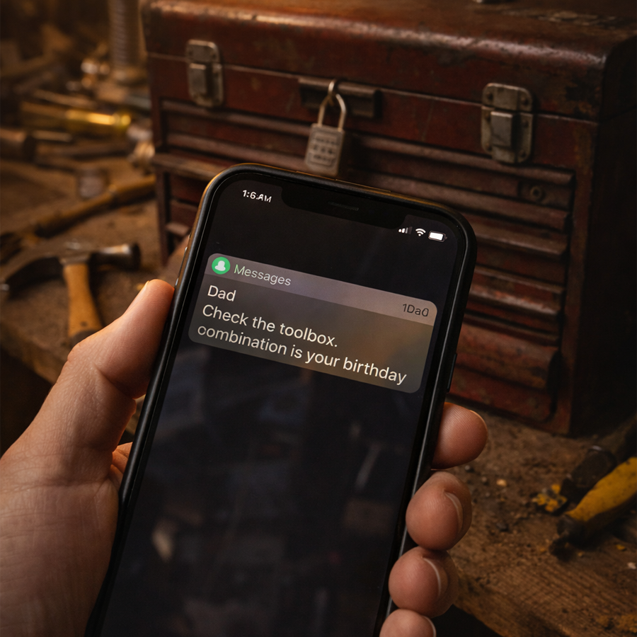 My father has been dead for exactly three hundred and sixty-five days, but ten minutes ago, my phone buzzed with a notification from his contact: “Check the toolbox. Combination is your birthday.”