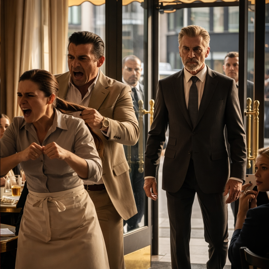 He Stormed Through the Restaurant Like He Owned the Place, Raised His Voice, Crossed Every Line, and Publicly Humiliated a Young Waitress While Guests Looked Away in Silence — No One Intervened, No One Questioned His Power, and Everyone Assumed She Had No One to Defend Her, Until an Unexpected Arrival Changed Everything, Because When a Calm, Well-Dressed Elderly Man Walked In, Spoke Only a Few Words, and Revealed Who He Truly Was, the Entire Room Froze, Confidence Crumbled, and the Man Who Thought He Was Untouchable Learned a Lesson He Would Never Forget
