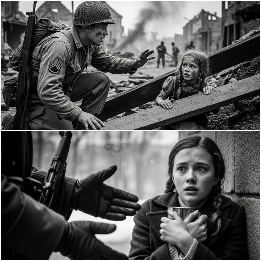 “Don’t Leave Me Here”—A Single Whisper Stopped a U.S. Soldier Cold as He Walked Past War-Torn Ruins in Europe. What He Found Hidden in the Shadows Was a German Girl Everyone Else Had Missed, Abandoned by Chaos, Invisible to Armies, and Certain She Would Be Forgotten. What Happened Next Was Not in Any Manual, Not in Any Order, and Not in Any History Book—A Moment of Human Choice So Shocking, So Quiet, and So Powerful That It Redefined What Survival, Mercy, and Courage Looked Like in the Final Days of War.