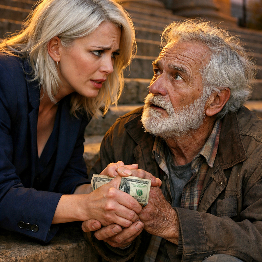 After my husband passed away, I found a new job, and every day I left a little money for an old homeless man who sat in front of the library. One day, when I bent down as usual, he suddenly grabbed my hand and said, โYouโve been too kind to me. Donโt go home tonight. Stay at a hotel. Tomorrow Iโll show you this.โ