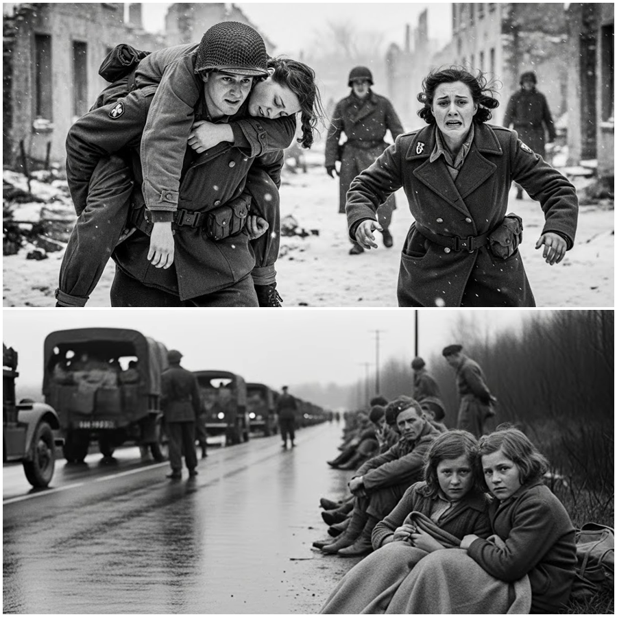 “Why Are You Carrying My Sister?” — A German Woman Prisoner Broke Down Chasing an American Soldier Through the Ruins as Fear, Misunderstanding, and Desperation Collided, Revealing a Forgotten World War Two Moment of Chaos, Compassion, and a Stunning Act That Turned Terror Into Tears and Permanently Changed How Survivors Remembered the Day the Enemy Did the Unthinkable