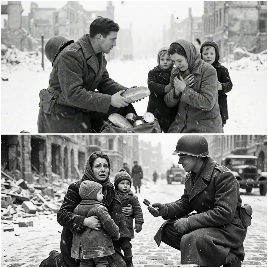 Hungry, Exhausted, and Desperate, a German Mother Fell to Her Knees Asking Only for Bread, Never Expecting the American Soldier Standing Before Her to Respond in a Way That Defied Orders, Shattered Years of Fear, and Created a Quiet Wartime Moment So Shocking and Human That It Would Be Remembered Long After the Guns Fell Silent Across Europe