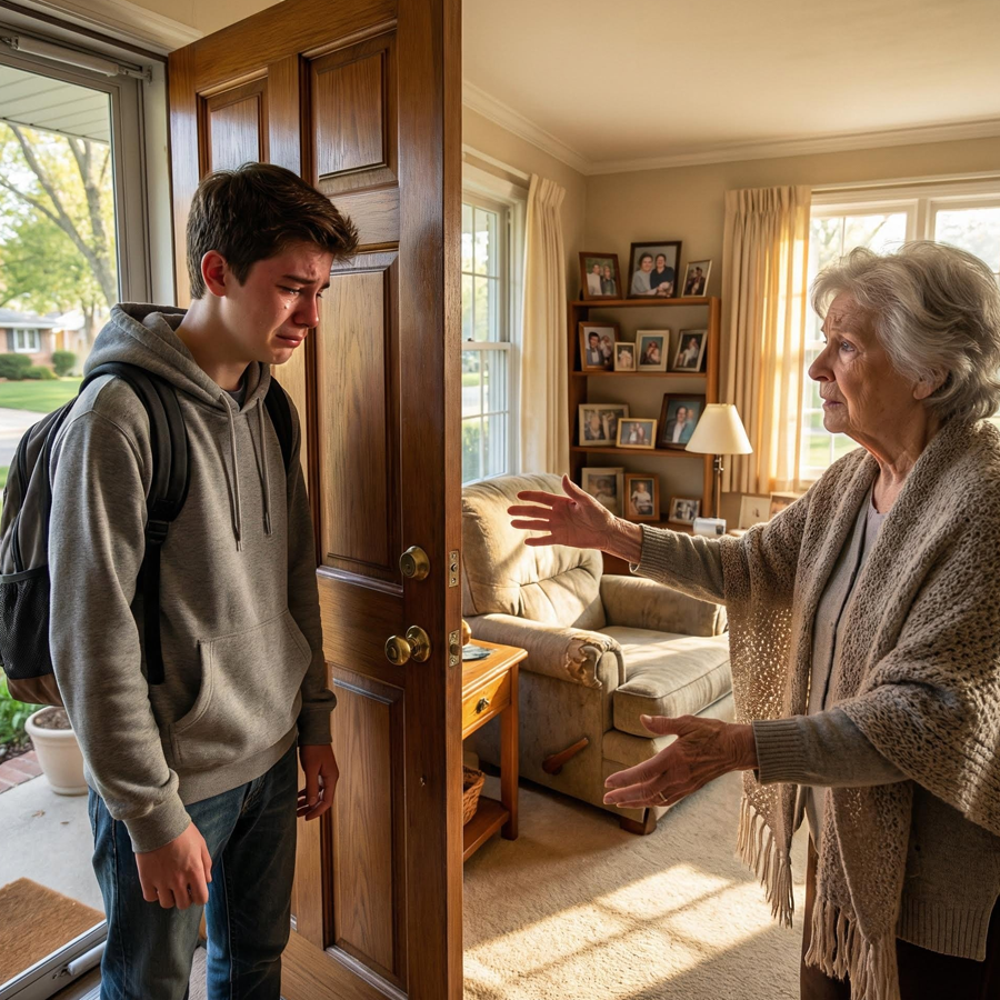 “A Teen Knocked on His Neighbor’s Door Asking for Help, Then Froze When She Confessed the One Secret She Had Hidden for Years, Triggering a Night of Shock, Silence, and Unraveling Truths That Turned an Ordinary House, a Quiet Street, and One Innocent Question Into a Life-Altering Mystery No One Was Prepared to Face When the Door Finally Closed Behind Him”
