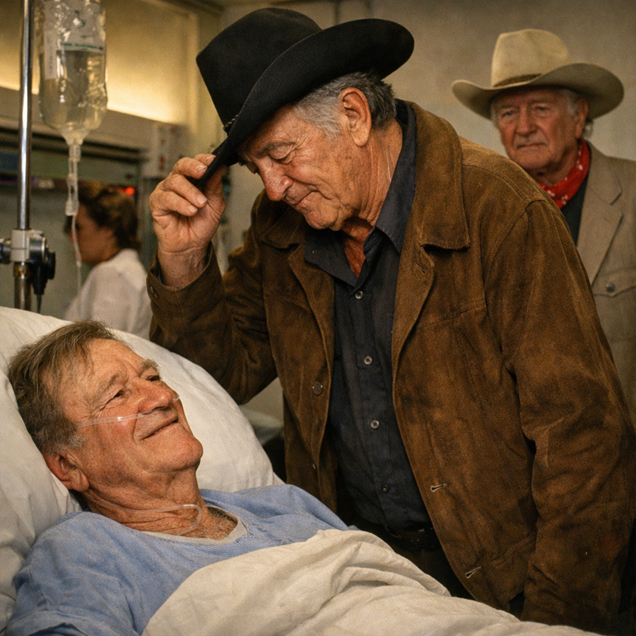 In 1979, Robert Mitchum Slipped Into John Wayne’s Hospital Room—and Left One Unspoken Gift on the Bedside: The Hat-Tip Goodbye Hollywood Never Saw Coming