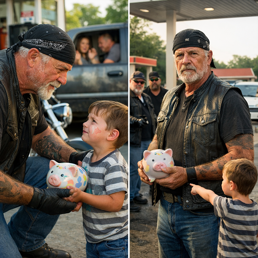 Little Boy Gives His Piggy Bank to a Biker to Stop Dad from Hitting Mom