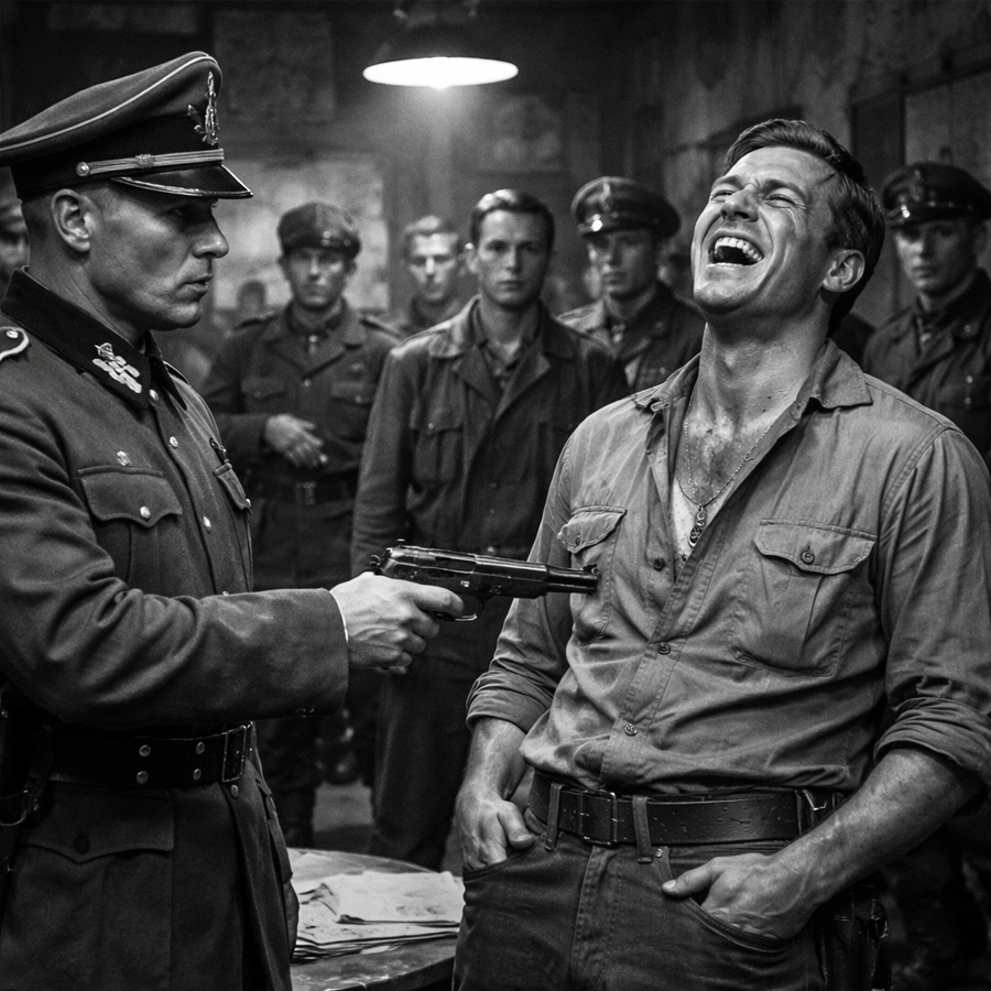 A German Officer Jammed His Pistol Into the Prisoner’s Stomach—But the Man Started Laughing… and What He Whispered Next Made the Whole Room Go Quiet Like Someone Had Opened a Trapdoor