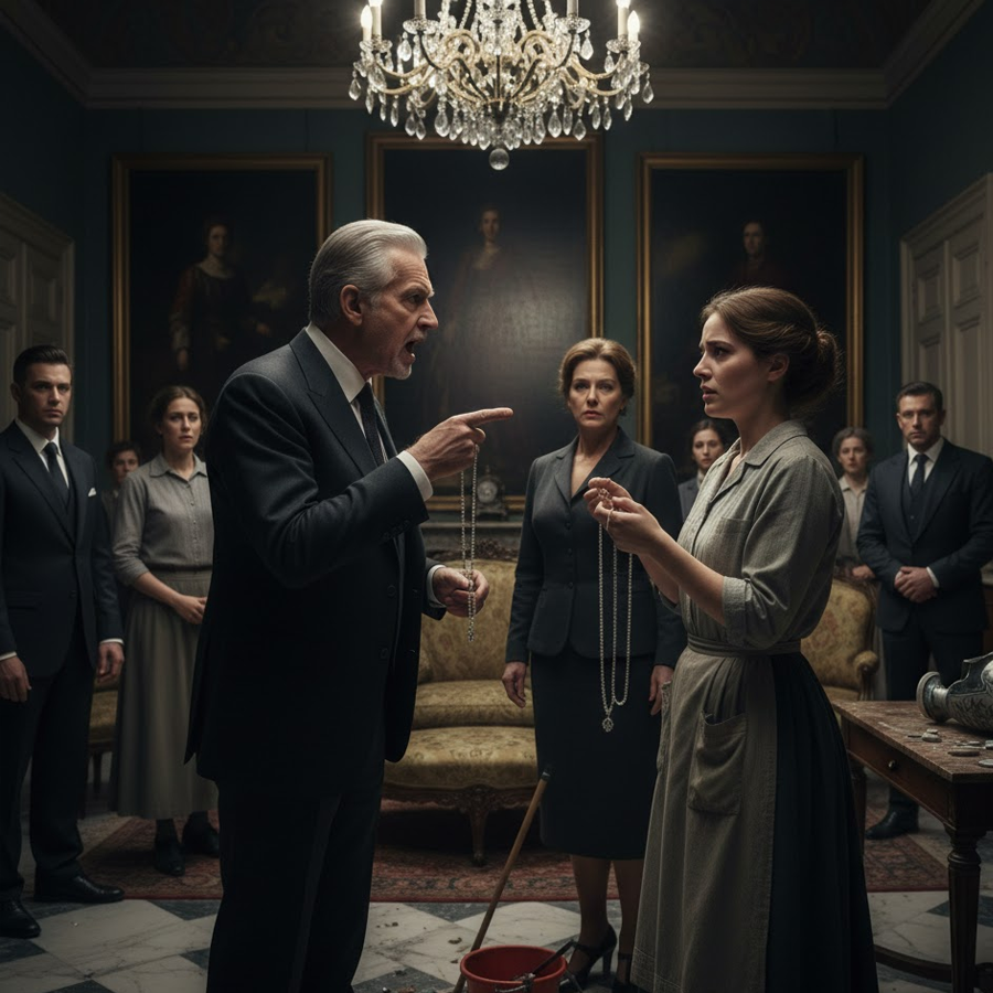 “‘That Necklace Belonged to My Dead Wife!’ the Tycoon Roared—Then the Cleaning Lady Said One Sentence That Made the Whole Penthouse Turn Cold.”