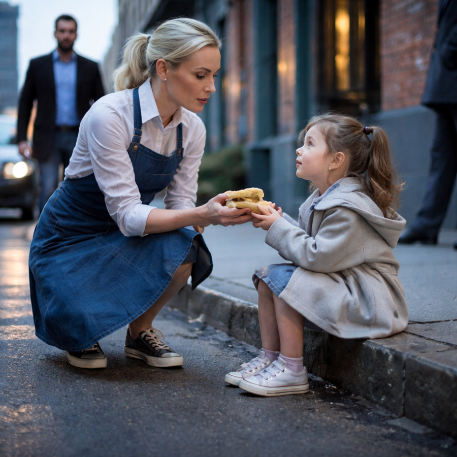 A Young Waitress Gave Away Her Only Sandwich to a Hungry Little Girl on the Street, Never Suspecting the Quiet Man Watching from a Distance Was a Secret Millionaire—What Happened Next Unfolded Like a Movie, Exposing Hidden Lives, Testing Human Kindness, Triggering an Unbelievable Turn of Fate, and Proving That One Small Act of Compassion Can Rewrite Destinies in Ways No One Could Have Predicted