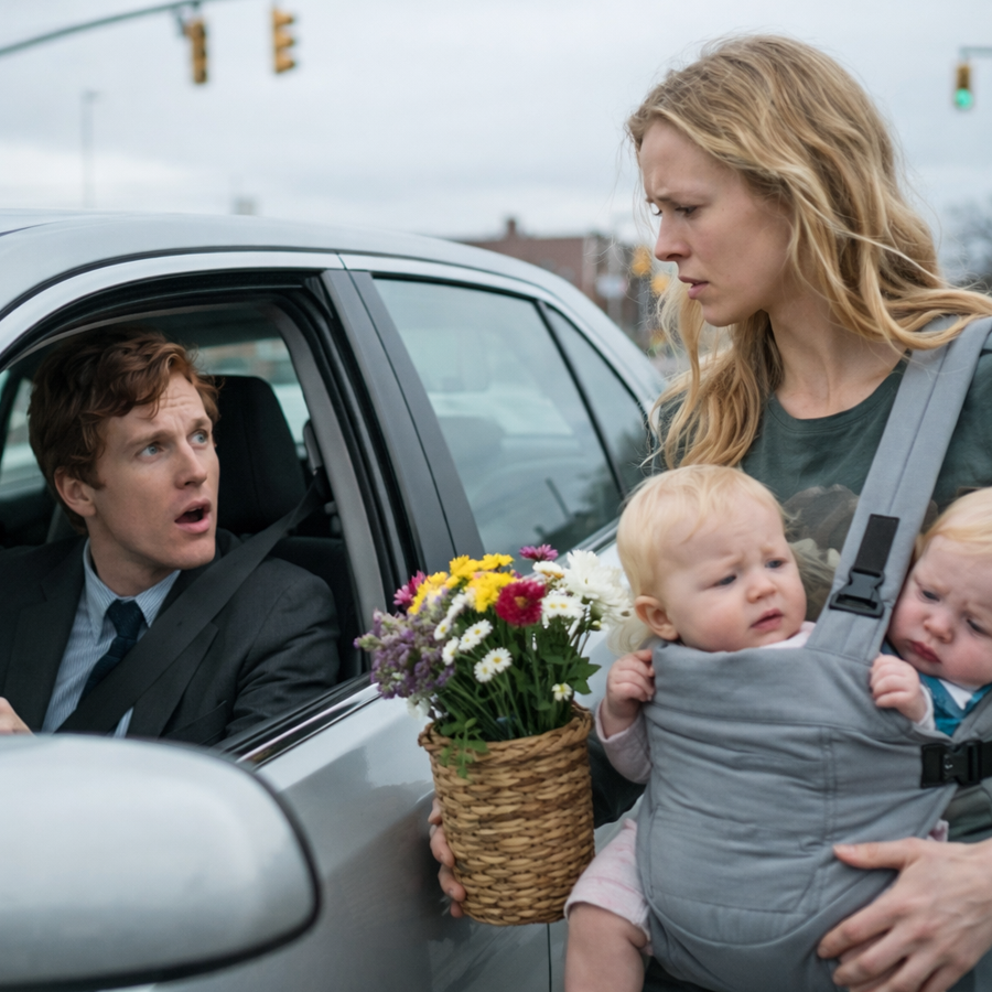 A Poor Mother Sold Flowers on a Freezing Street While Carrying Her Twin Babies, Ignored by Passing Cars—Until One Luxury Vehicle Suddenly Stopped, Revealing a Billionaire Inside Whose Unexpected Decision Exposed Hidden Struggles, Tested Human Compassion, Uncovered a Shocking Past, and Set in Motion a Chain of Events So Powerful It Transformed a Cold Roadside Moment into a Life-Altering Turning Point No One Could Have Foreseen