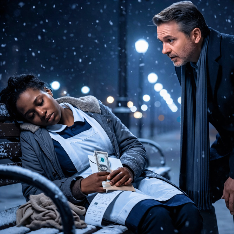 A Billionaire Stepped Out Into the Frozen Night and Found His Quiet Maid Asleep on a Snow-Covered Bench — What He Uncovered in the Silence of That Moment Was Not Just a Secret Past, but a Chain of Hidden Truths, Unspoken Sacrifices, and a Shocking Reality That Would Force Him to Question Wealth, Power, Loyalty, and Everything He Thought He Knew About the Woman Who Had Worked in His Home for Years