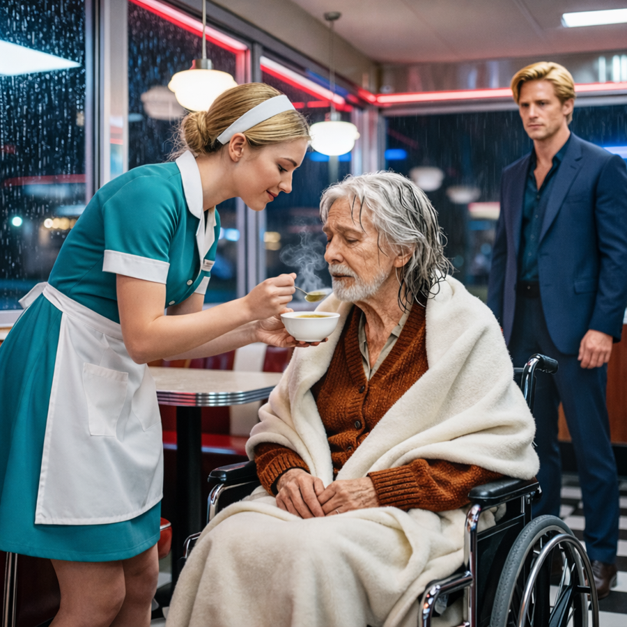 A Billionaire Quietly Watched a Diner Waitress Feed His Disabled Father on a Rainy Night—What He Discovered About Her Kindness, Integrity, and Hidden Struggles Triggered a Chain of Events No One in That Restaurant Expected, Turning an Ordinary Shift Into a Life-Altering Moment That Left Witnesses Stunned and Changed Three Lives Forever