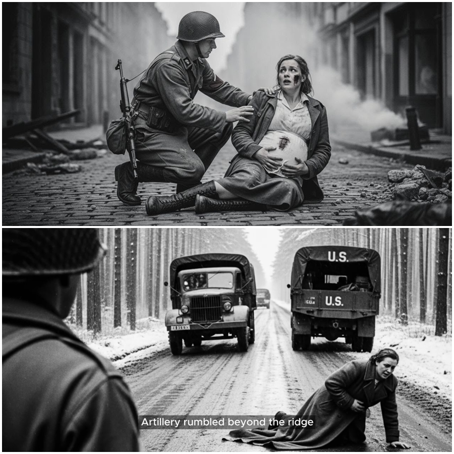 She Fell on a Ruined Road as Guns Echoed Nearby, When a Pregnant German Woman Met an American Medic in the Final Moments Before Battle Shifted, Revealing a Forbidden Act of Compassion, a Hidden Promise, and a Wartime Encounter So Shocking, Mysterious, and Emotionally Explosive It Was Almost Erased from History Forever by forgotten witnesses, sealed memories, and silence that haunted survivors for decades afterward without mercy ever