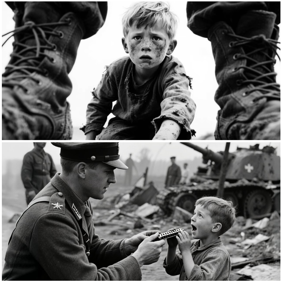 An American Soldier Handed His Harmonica to a Silent German Child in the Ruins of War, Never Expecting What the Boy Would Do Next, a Wordless Reaction That Froze Veterans in Place, Shattered Years of Hatred, Revealed a Hidden Wound of World War II, and Proved That One Small Gesture Could Echo Louder Than Gunfire Ever Had