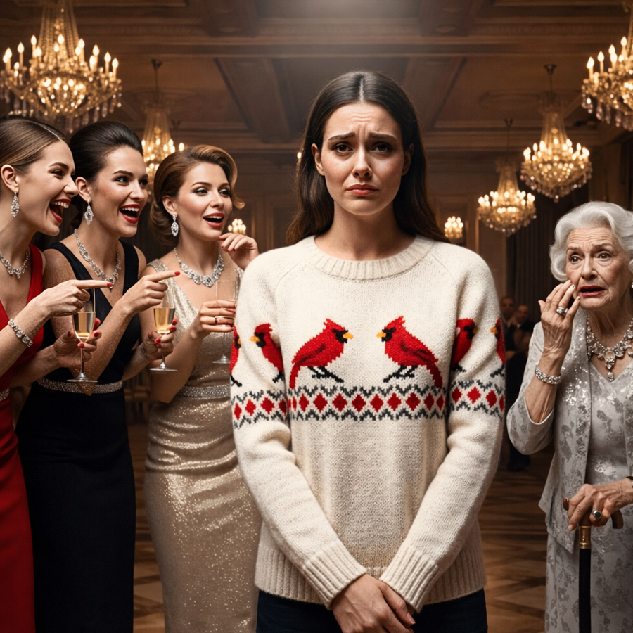 They Laughed at Her Cheap Christmas Sweater at a Lavish Party, Whispering Behind Her Back and Pointing Without Shame, Never Imagining One Quiet Detail Would Stop the Room Cold, Until the Billionaire’s Own Mother Looked Closer, Recognized What No One Else Did, and Turned Cruel Mockery Into a Stunning Revelation That Left Every Guest Questioning Their Judgment and Status