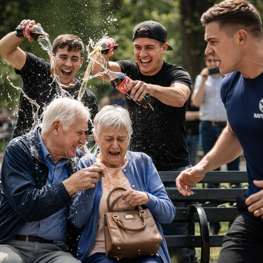 They Thought Pouring Soda on an Elderly Couple Was Just a Joke—Until a Calm Man in a Navy SEAL Uniform Stepped Forward, Asked One Quiet Question, and the Park Went Silent, Laughter Died Instantly, Truths Surfaced, and a Shocking Lesson in Respect Unfolded Before Everyone Watching That Day Changed Lives Forever and Forced Bystanders to Confront What Kindness, Courage, and Accountability Truly Mean When No One Expected Consequences