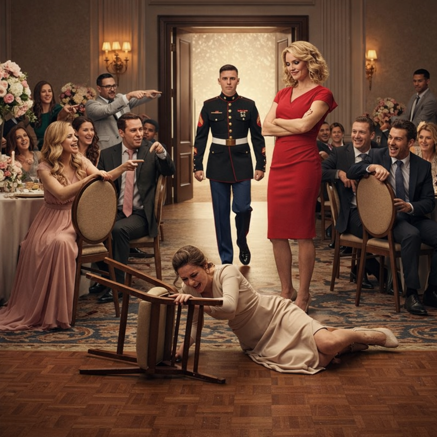 She Was Publicly Shamed, Her Chair Knocked Over, and Laughter Filled the Room — What No One Saw Coming Was the Calm Arrival of Her Marine Husband, a Man With Quiet Authority and Unbreakable Discipline, Whose Presence Reversed the Power, Exposed Hidden Truths, and Turned a Moment of Cruelty Into an Unforgettable Reckoning That Changed How Everyone Viewed Status Respect and Strength Forever Inside the Elegant Celebration Hall