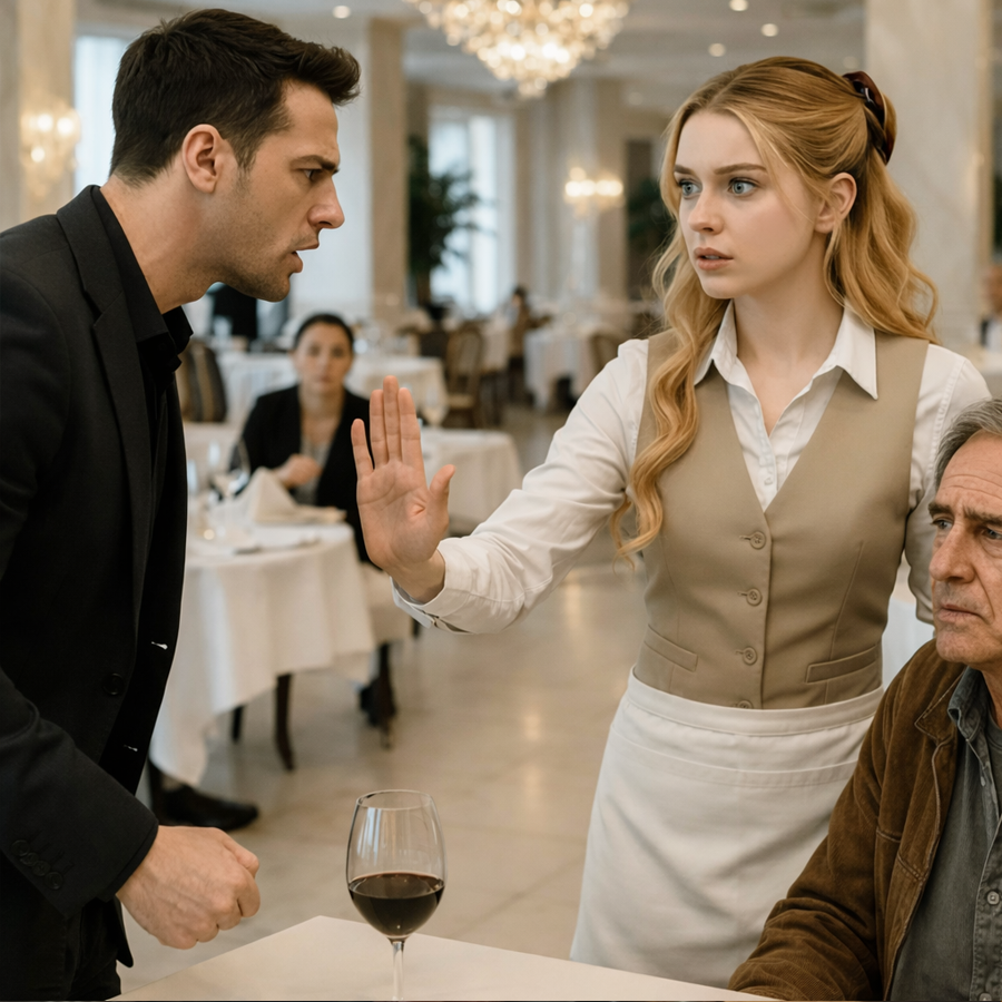 The Waitress Stepped Between Two Angry Men to Stop a Fight — She Thought She Was Just Protecting a Stranger, But She Had No Idea the Quiet Man She Defended Was a Billionaire in Disguise, and One Brave Moment Would Expose Hidden Power, Test True Character, and Change Both Their Lives Forever in a Luxurious Restaurant as Shocked Guests Watched in Silence That Night No One Expected This Outcome