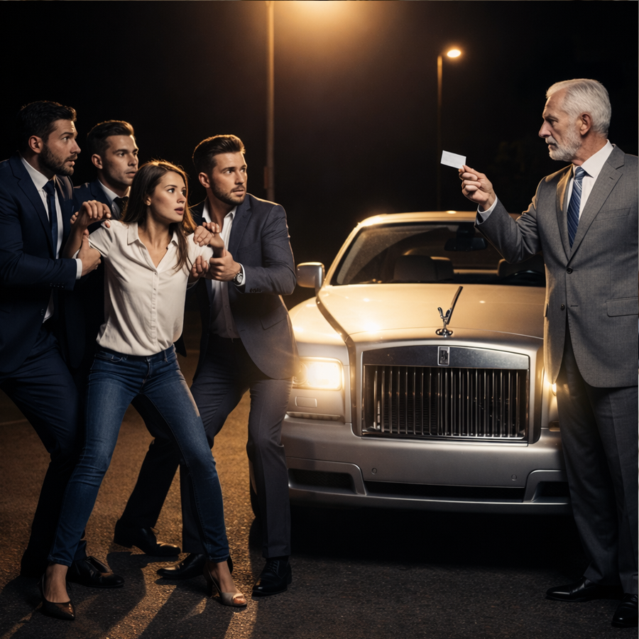 Three Powerful Men Cornered a Young Woman Under the City Lights, Certain No One Would Interfere—Until a Silent Figure Stepped Forward, Revealed a Hidden Marriage to a Billionaire, Exposed a Web of Arrogance and Assumptions, and Turned a Private Nightmare Into a Stunning Reckoning That Shook an Entire Elite Circle, Leaving Witnesses Questioning Power, Identity, and How Easily Truth Can Be Misjudged