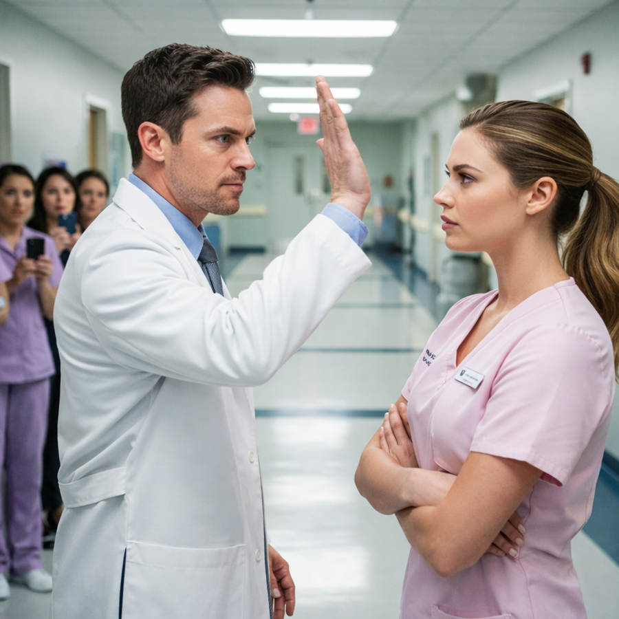 He Raised His Hand and Publicly Humiliated a Quiet Nurse in a Busy Hospital Corridor, Certain No One Would Question His Authority — Staff Froze, Patients Watched in Shock, and the Woman Lowered Her Eyes as If She Had No Power at All, Until a Single Phone Call, a Sudden Arrival, and One Shocking Truth Turned the Entire Hospital Upside Down, Because the “Simple Nurse” Everyone Pitied Was Not Who They Thought She Was, and the Doctor Who Thought He Was Untouchable Was About to Discover That Real Power Had Been Standing Right in Front of Him the Entire Time
