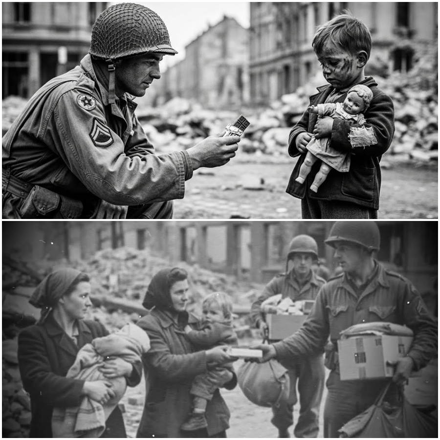 They Braced for Fear, Punishment, and Hunger When the Americans Arrived — Instead, German Civilians Watched in Shock as Soldiers Reached Into Their Pockets and Handed Chocolate to Their Children, a Gesture So Small Yet So Unthinkable After Years of War That Mothers Stared in Silence, Children Froze in Confusion, and an Entire Town Slowly Realized the Enemy They Had Been Taught to Fear Was About to Change Everything They Believed About Power, Victory, and What Humanity Could Look Like When the Fighting Finally Stopped