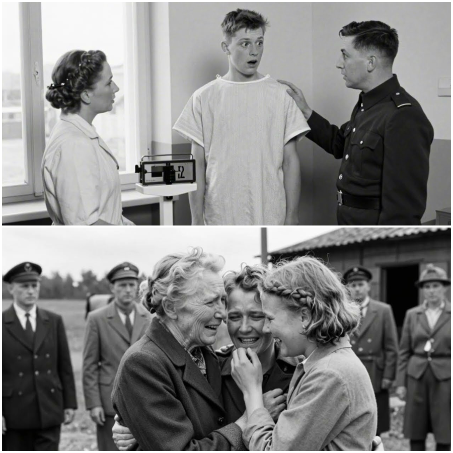 The doctor presses the stethoscope to three different points on the boy’s rib cage