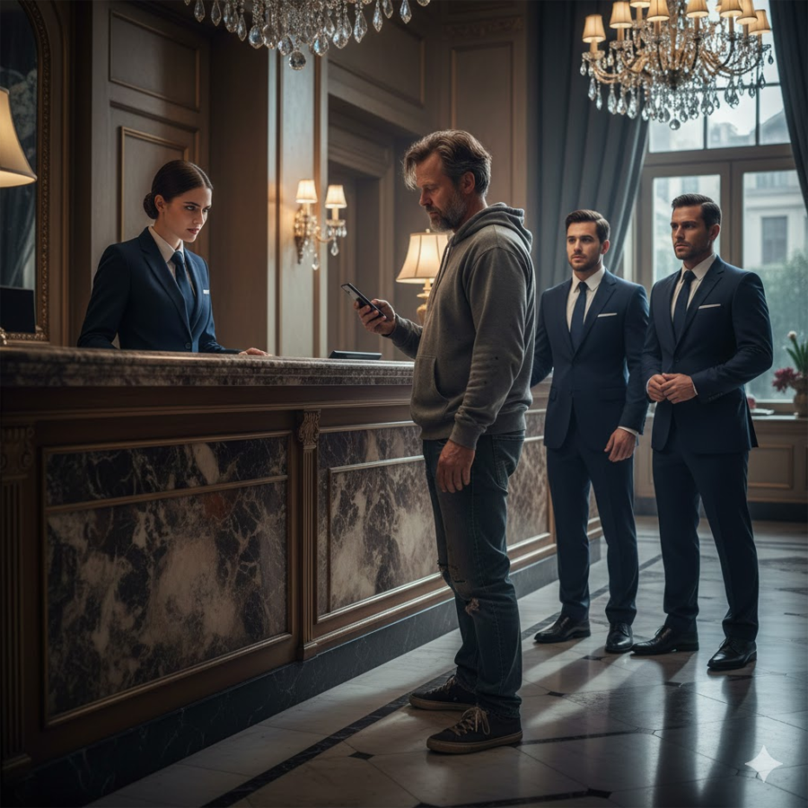 A receptionist mocked a “homeless man” at her luxury hotel desk—then watched him fire her entire management team.