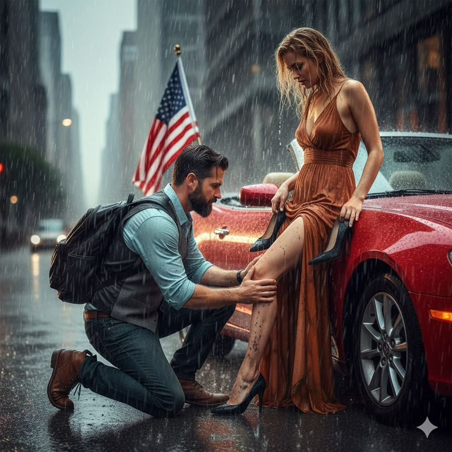 A black luxury sedan half buried in mud at the edge of the flooded road.